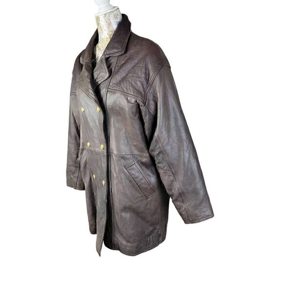 Braefair Vintage 80s Brown Leather Crested Gold Button Double Breasted Coat - Picture 7 of 16